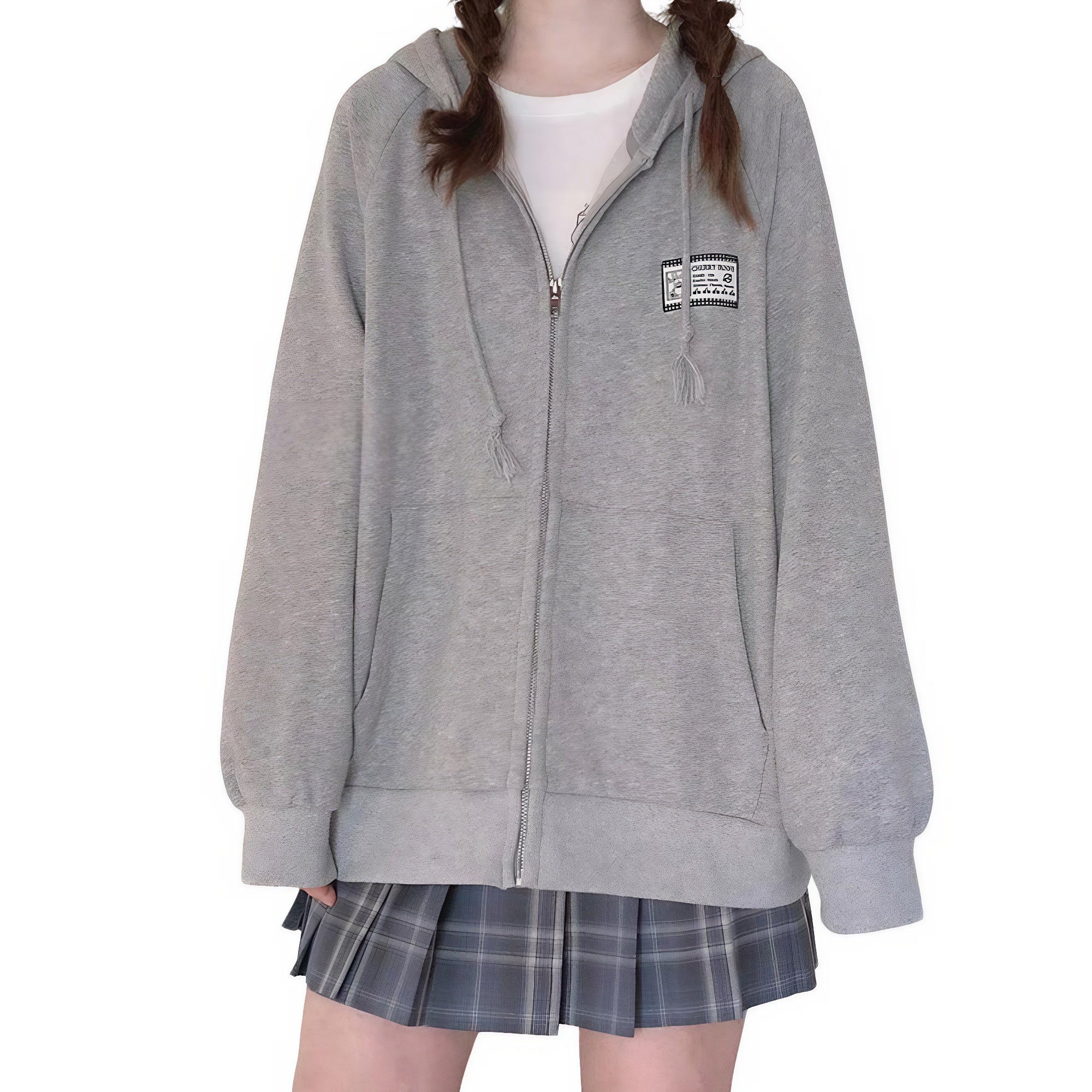 Front view of vintage patch light gray zip-up hoodie with raglan sleeves